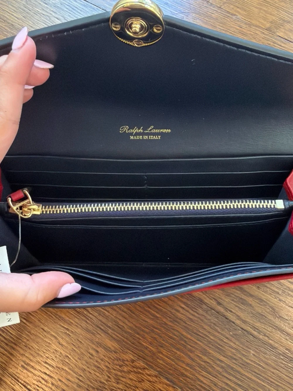 Ralph Lauren Classic Red Leather Envelope Wallet with Gold Button